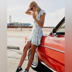 Free People Blue Floral Wrap Dress flutter sleeves